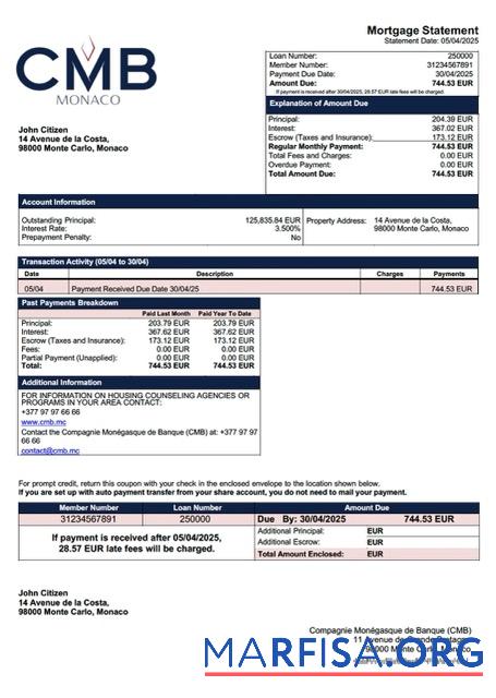 Downloadable Monaco Compagnie Monégasque de Banque (CMB) mortgage statement Word and PDF template
